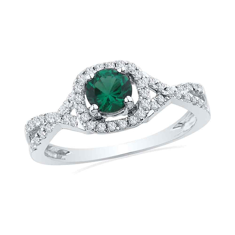 10kt White Gold Womens Round Lab-Created Emerald Solitaire Diamond Ring 3/4 Cttw