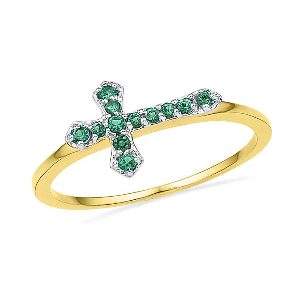 10kt Yellow Gold Womens Round Lab-Created Emerald Cross Band Ring 1/8 Cttw