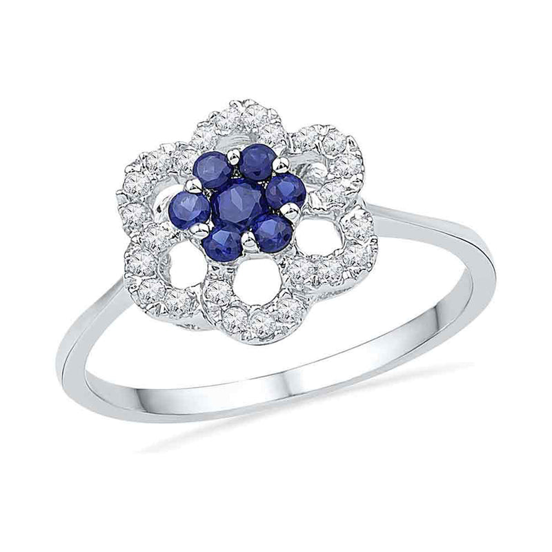 10kt White Gold Womens Round Lab-Created Blue Sapphire & Diamond Cluster Ring 1/8 Cttw