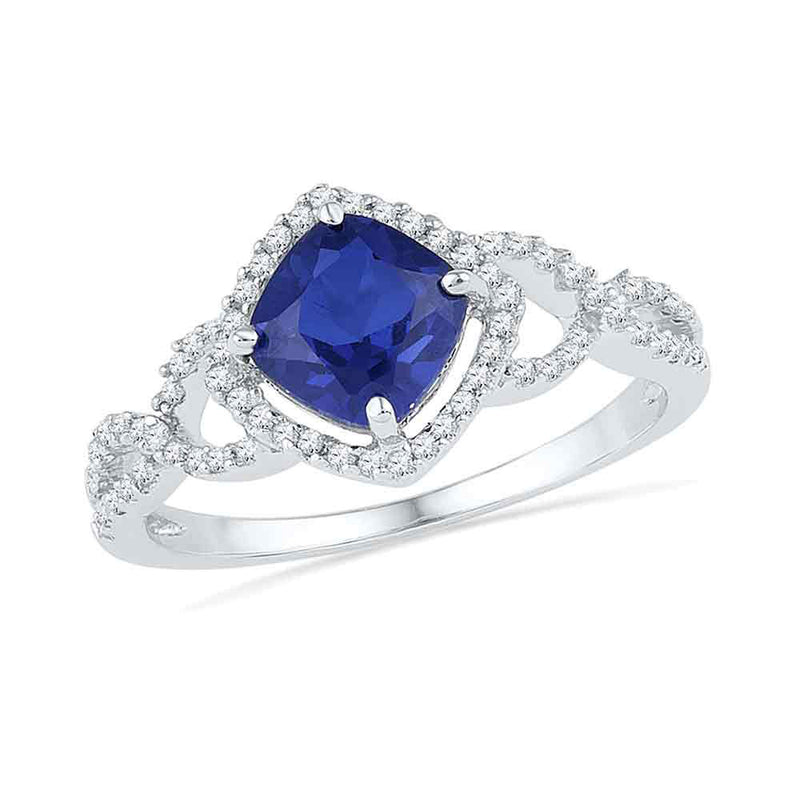 10kt White Gold Womens Cushion Lab-Created Blue Sapphire Solitaire Ring 1 Cttw