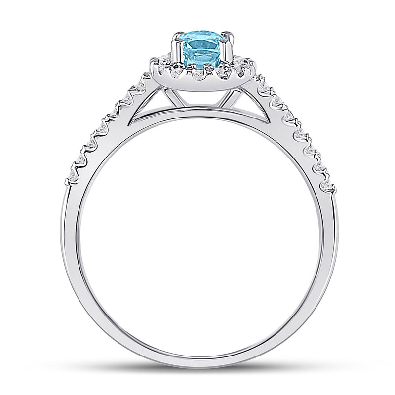 10kt White Gold Womens Oval Aquamarine Diamond-accent Solitaire Ring 1/5 Cttw