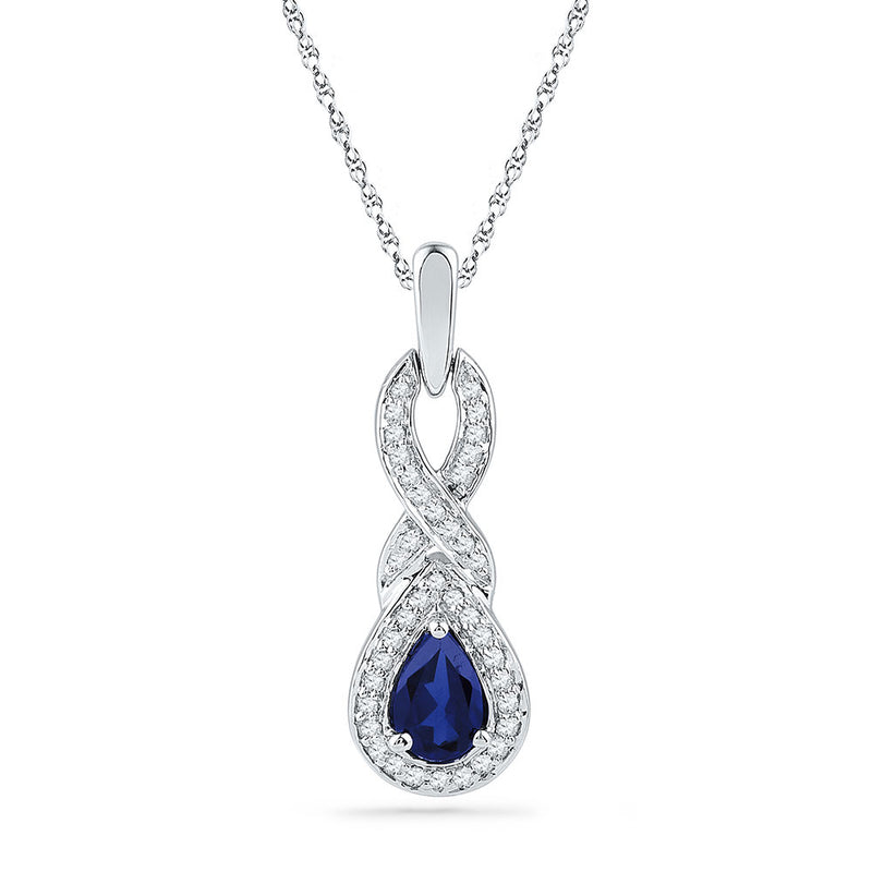 10kt White Gold Womens Pear Lab-Created Blue Sapphire Solitaire Pendant 5/8 Cttw