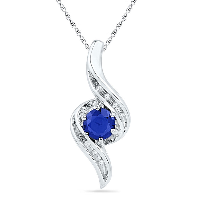 10kt White Gold Womens Round Lab-Created Blue Sapphire Solitaire Diamond Pendant 3/4 Cttw