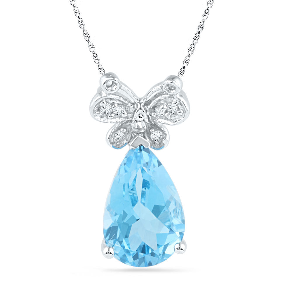 10kt White Gold Womens Pear Lab-Created Blue Topaz Butterfly Bug Diamond Pendant 2-1/2 Cttw