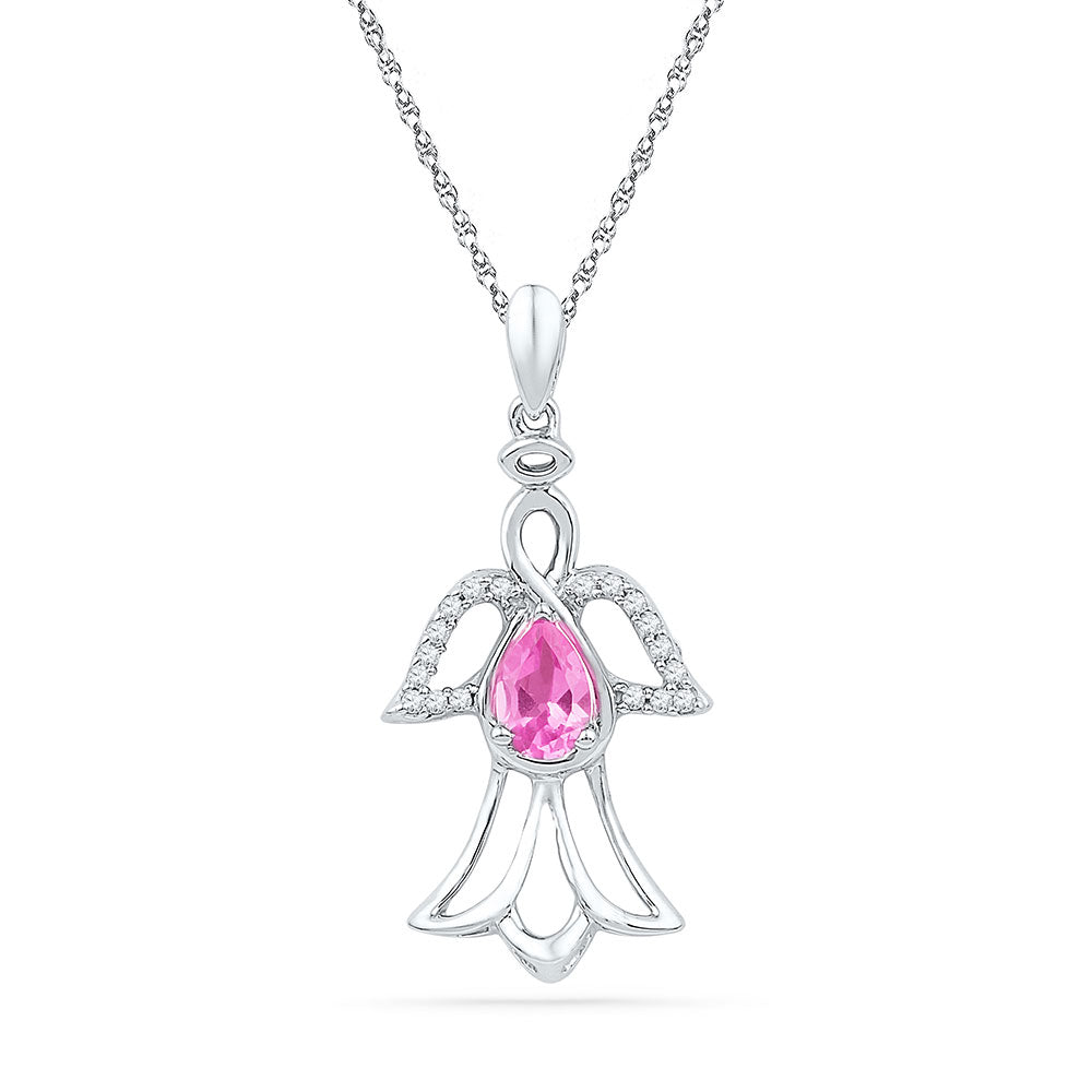 10kt White Gold Womens Pear Lab-Created Pink Sapphire Angel Pendant 5/8 Cttw