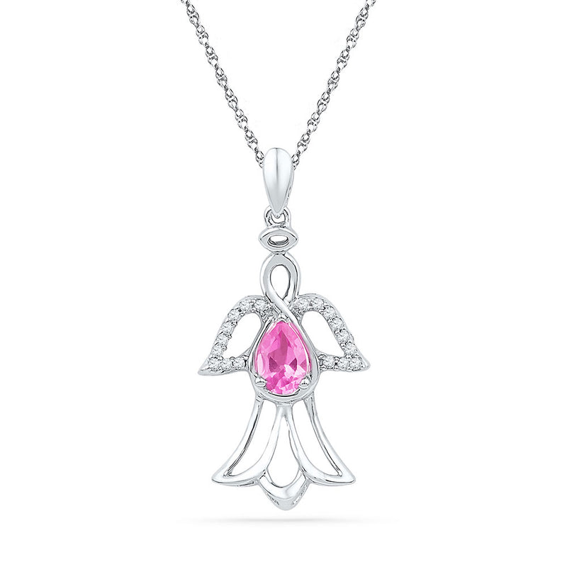 10kt White Gold Womens Pear Lab-Created Pink Sapphire Angel Pendant 5/8 Cttw