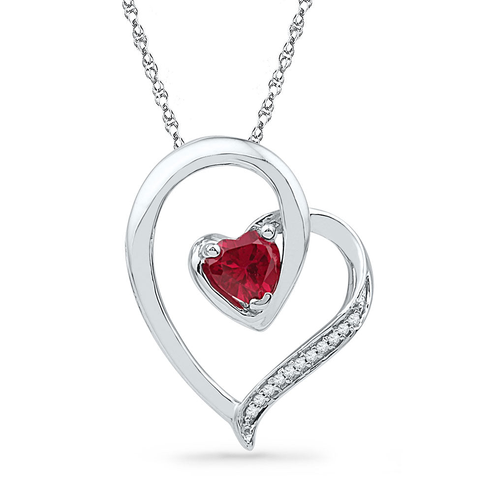 10kt White Gold Womens Round Lab-Created Ruby Heart Pendant .03 Cttw