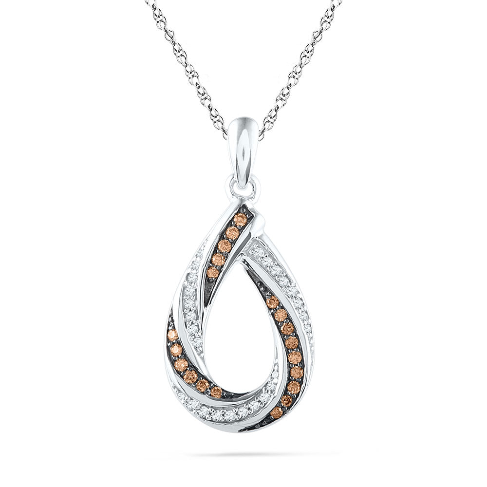 10kt White Gold Womens Round Brown Diamond Teardrop Stripe Pendant 1/4 Cttw