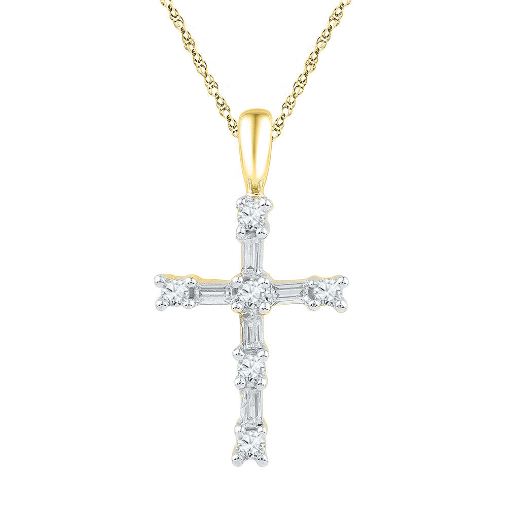 10kt Yellow Gold Womens Round Baguette Diamond Cross Pendant 1/4 Cttw