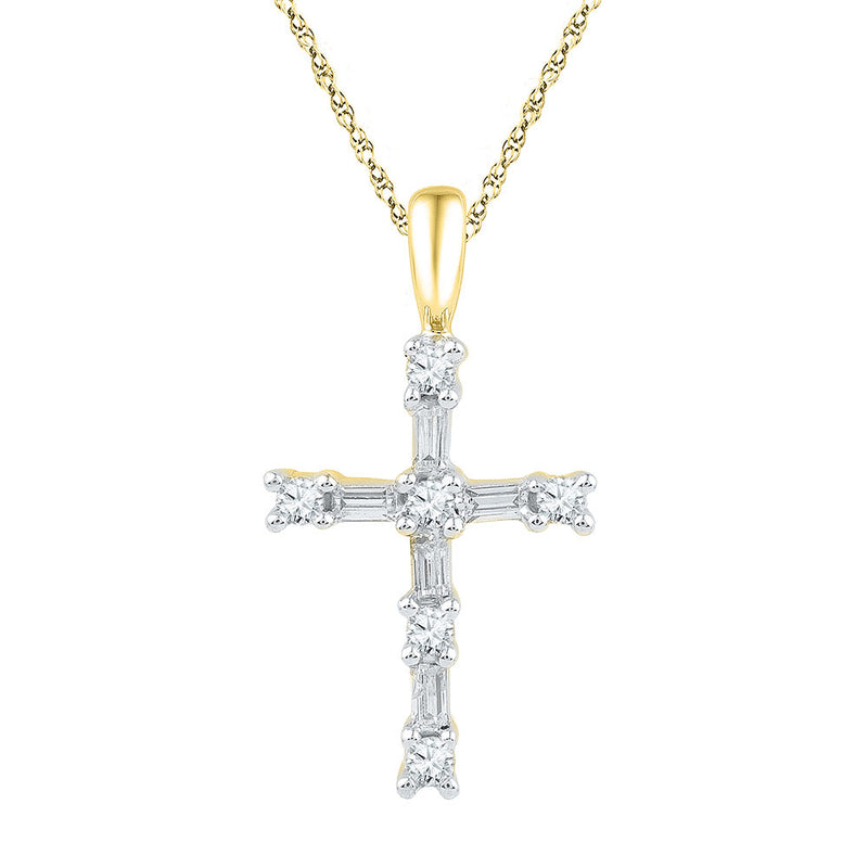 10kt Yellow Gold Womens Round Baguette Diamond Cross Pendant 1/4 Cttw