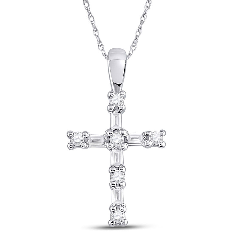 10kt White Gold Womens Round Baguette Diamond Cross Pendant 1/4 Cttw