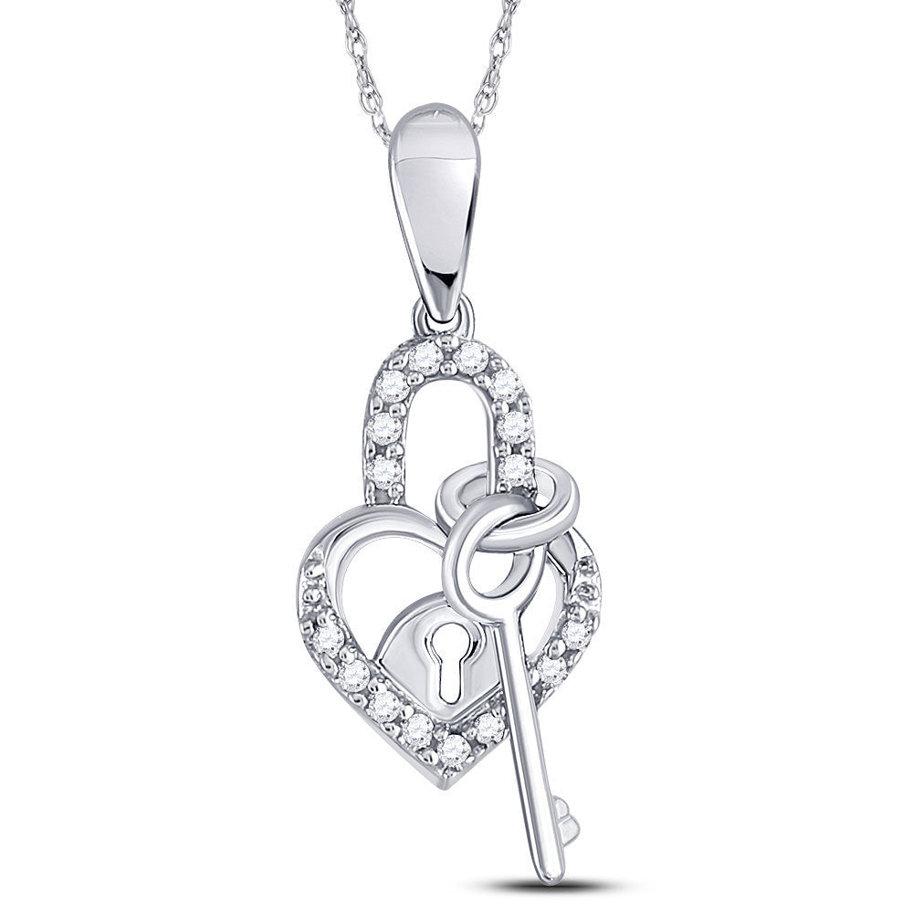 10kt White Gold Womens Round Diamond Heart Lock Key Dangle Pendant 1/10 Cttw