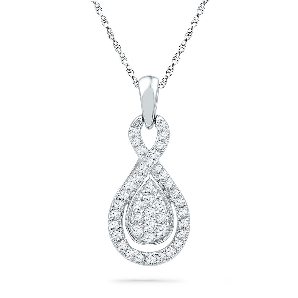 10kt White Gold Womens Round Diamond Teardrop Cluster Pendant 1/3 Cttw