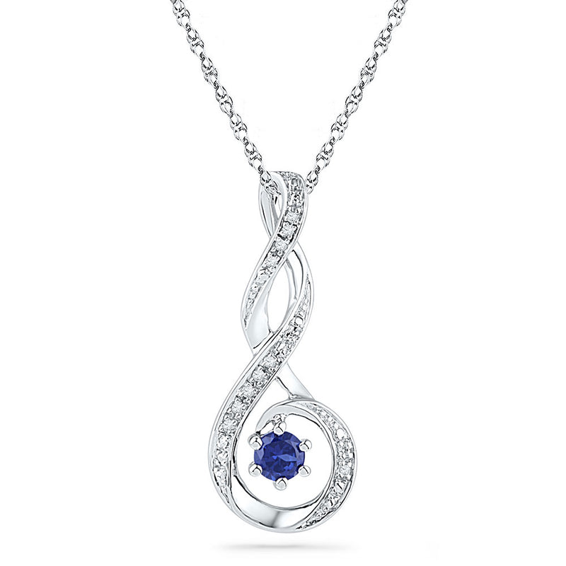 10kt White Gold Womens Round Lab-Created Blue Sapphire Diamond Teardrop Pendant .03 Cttw