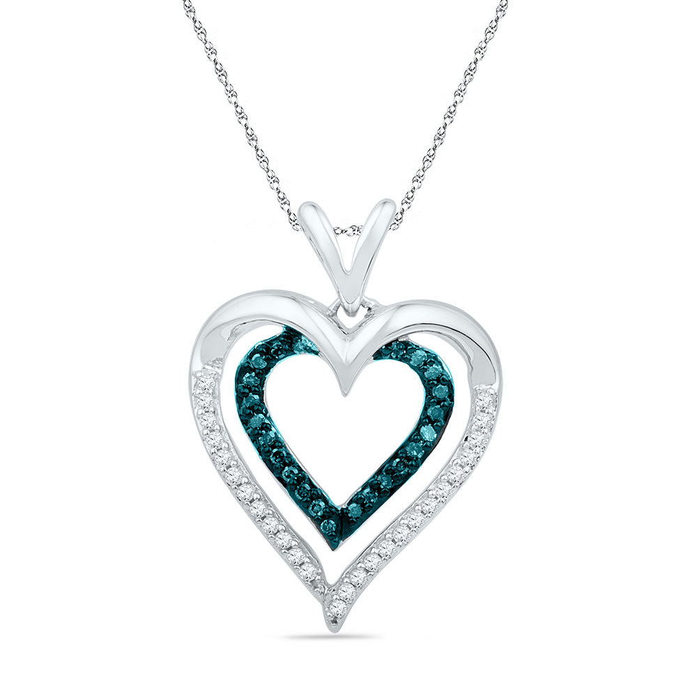 10kt White Gold Womens Round Blue Color Enhanced Diamond Heart Pendant 1/4 Cttw