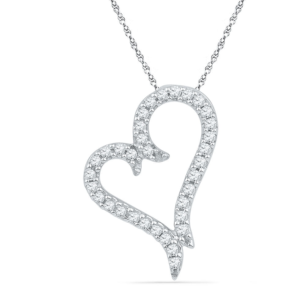 10kt White Gold Womens Round Diamond Heart Pendant 1/5 Cttw