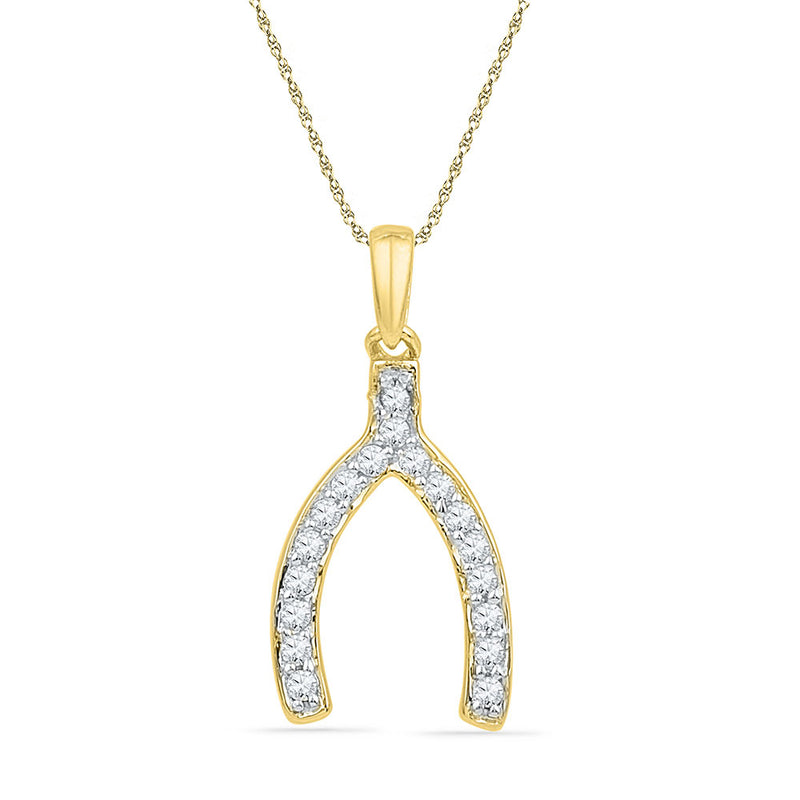 10k Yellow Gold Womens Round Diamond Lucky Wishbone Fortune Pendant 1/6 Cttw