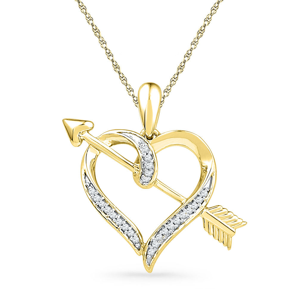 10kt Yellow Gold Womens Round Diamond Heart Arrow Pendant 1/12 Cttw