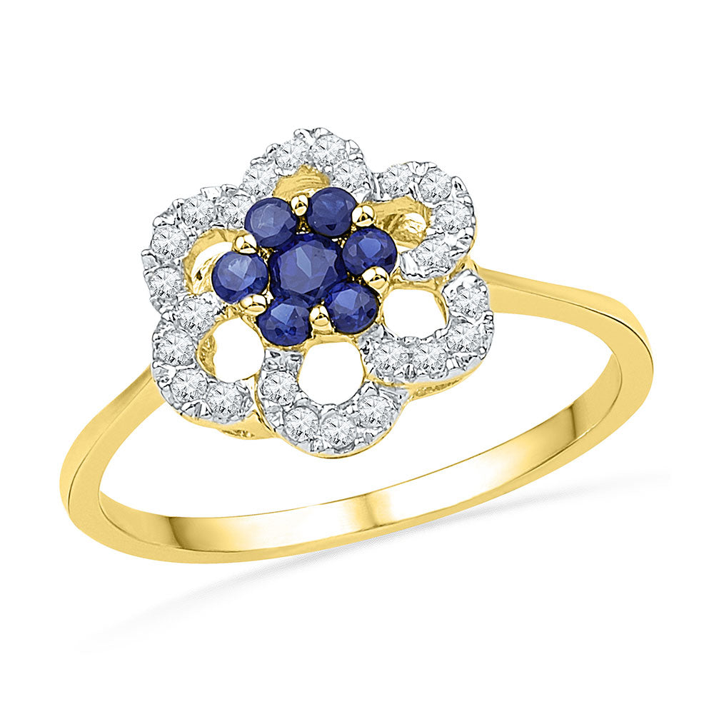 10kt Yellow Gold Womens Round Lab-Created Blue Sapphire Cluster Ring 1/8 Cttw