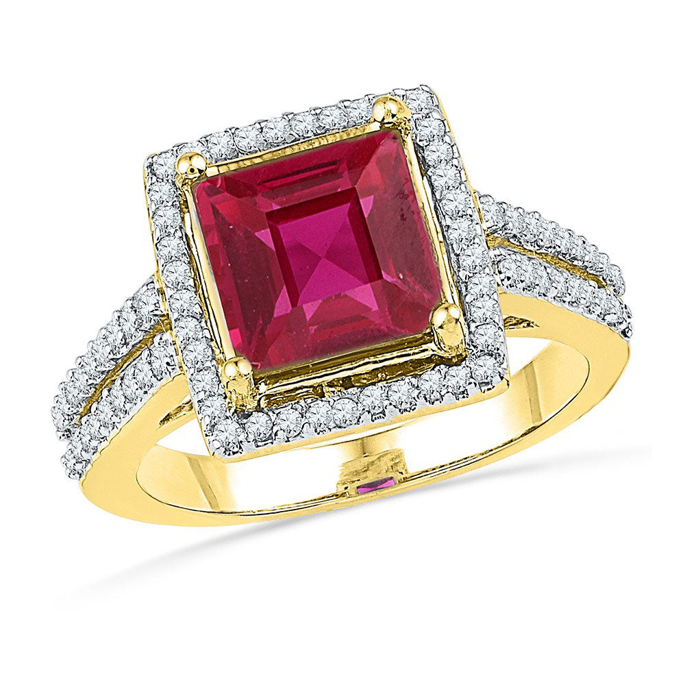 10kt Yellow Gold Womens Princess Lab-Created Ruby Solitaire Diamond Ring 1/3 Cttw