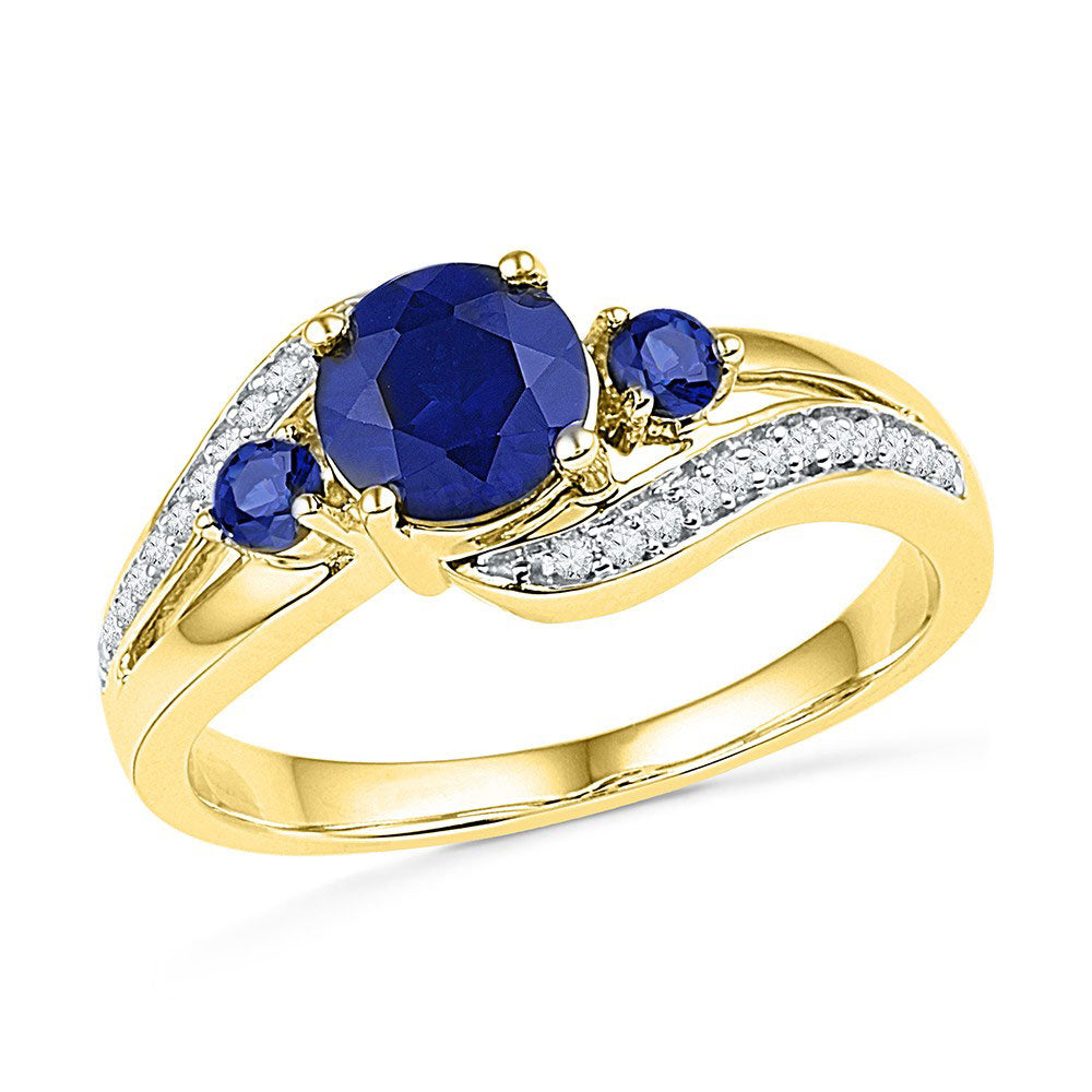 10kt Yellow Gold Womens Round Lab-Created Blue Sapphire 3-stone Diamond Ring 1 Cttw