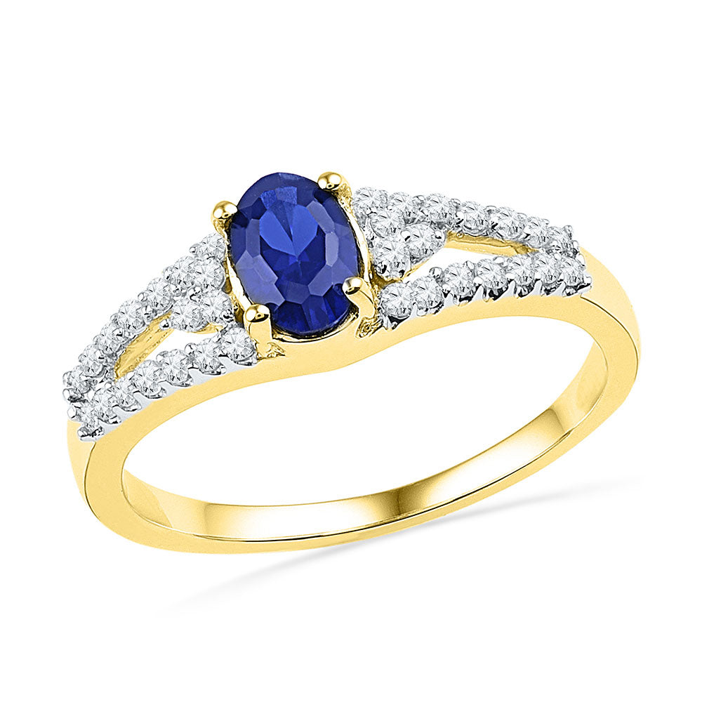 10kt Yellow Gold Womens Oval Lab-Created Blue Sapphire Solitaire Diamond Ring 1 Cttw