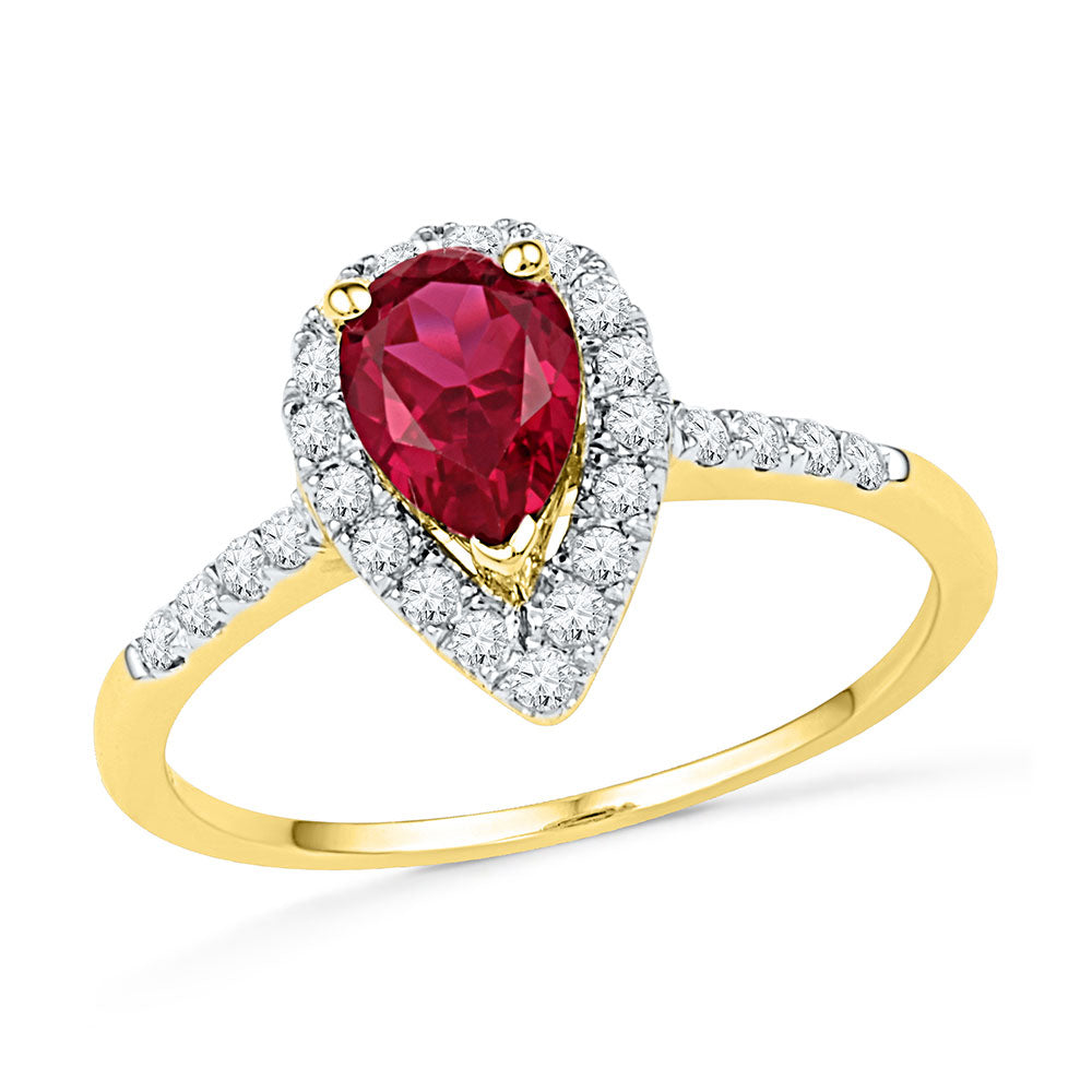 10kt Yellow Gold Womens Pear Lab-Created Ruby Solitaire Diamond Frame Ring 1-1/5 Cttw