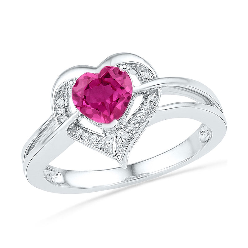 Sterling Silver Womens Round Lab-Created Pink Sapphire Heart Diamond Ring 1 Cttw