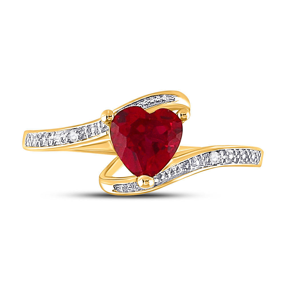 10kt Yellow Gold Womens Heart Lab-Created Ruby Solitaire Diamond-accent Bypass Ring 1 Cttw