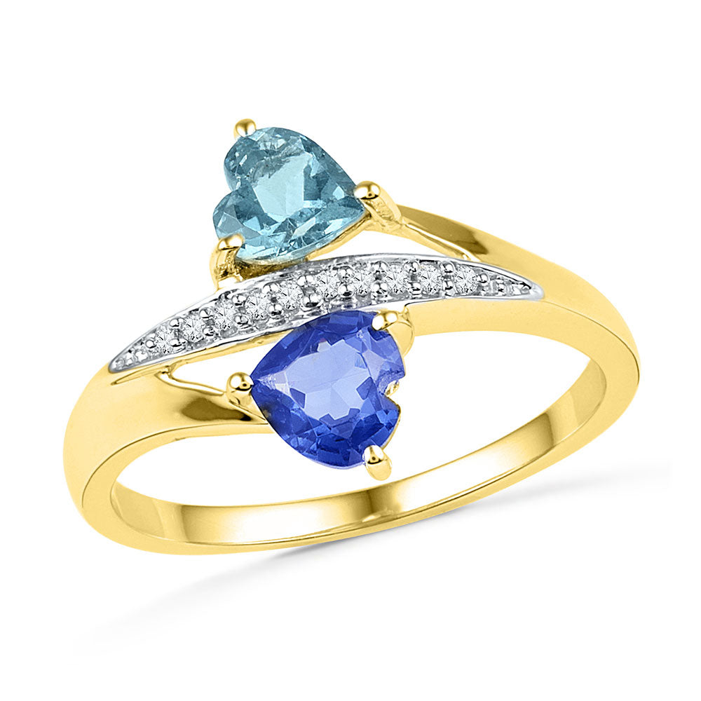 10kt Yellow Gold Womens Heart Lab-Created Blue Sapphire Aquamarine Heart Ring 1 Cttw