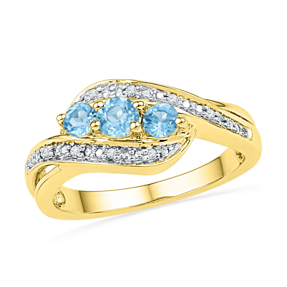 10kt Yellow Gold Womens Round Lab-Created Blue Topaz 3-stone Diamond Ring 1/2 Cttw