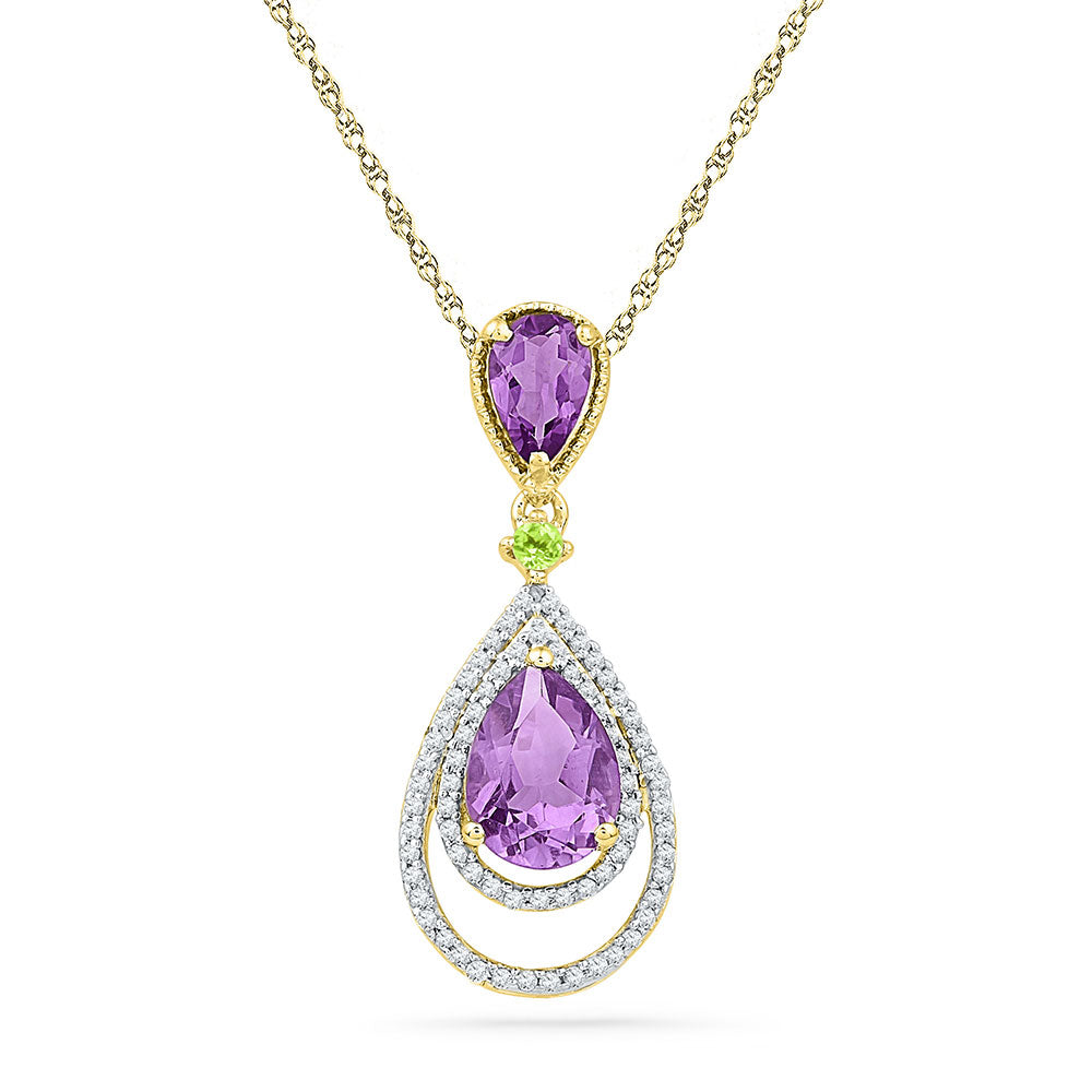 10kt Yellow Gold Womens Oval Lab-Created Amethyst Diamond Teardrop Pendant 1-1/2 Cttw