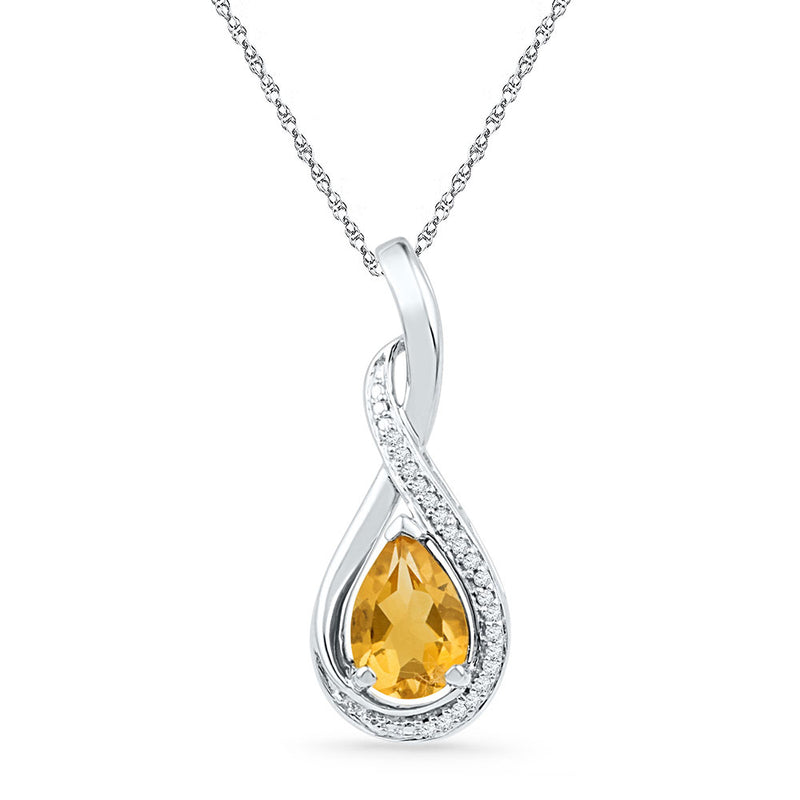 Sterling Silver Womens Oval Lab-Created Citrine Solitaire Diamond Frame Twist Pendant 1 Cttw