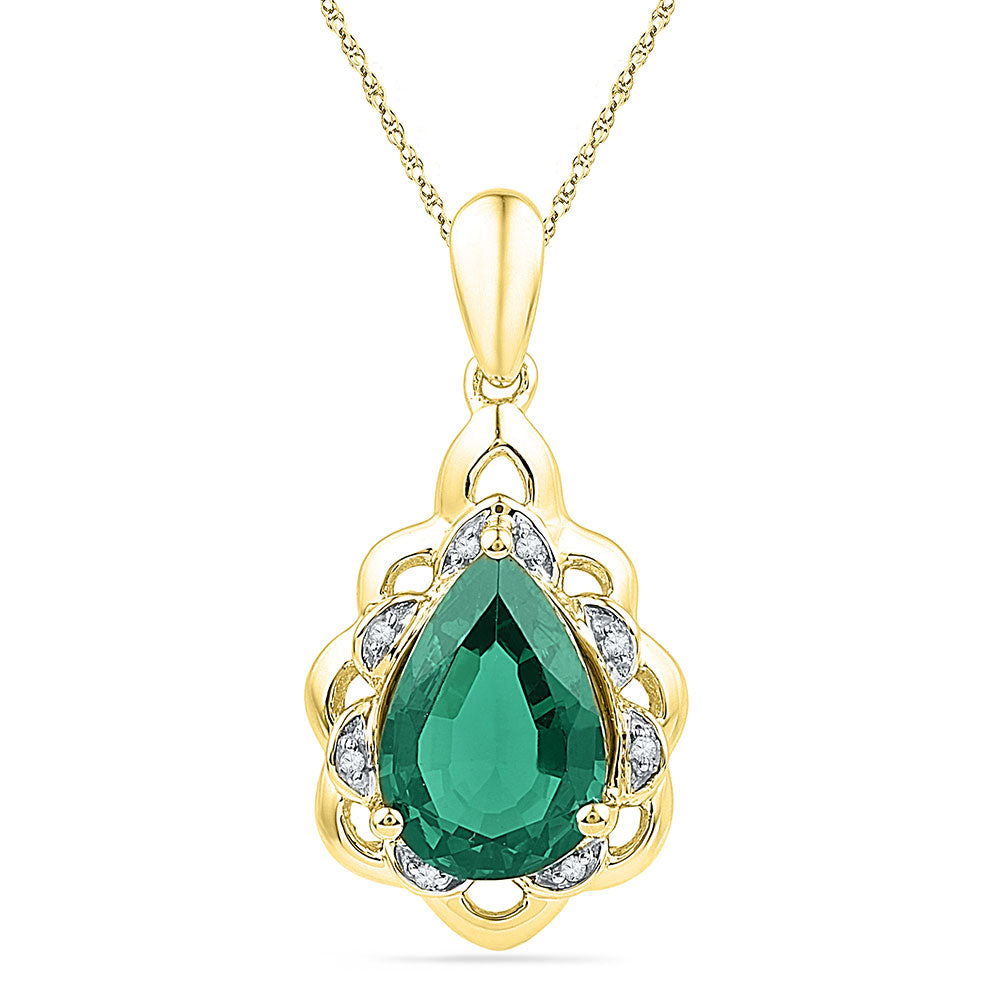 10kt Yellow Gold Womens Pear Lab-Created Emerald Solitaire Diamond Pendant 3-3/8 Cttw