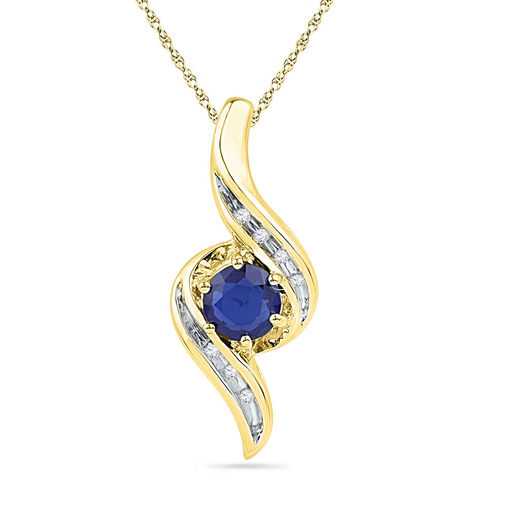 10kt Yellow Gold Womens Round Lab-Created Blue Sapphire Solitaire Diamond Pendant 3/4 Cttw