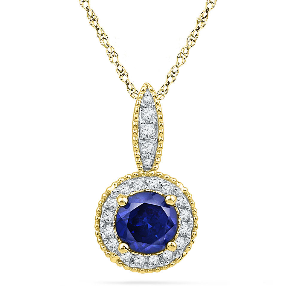 10kt Yellow Gold Womens Round Lab-Created Blue Sapphire Solitaire Diamond Pendant 1/6 Cttw