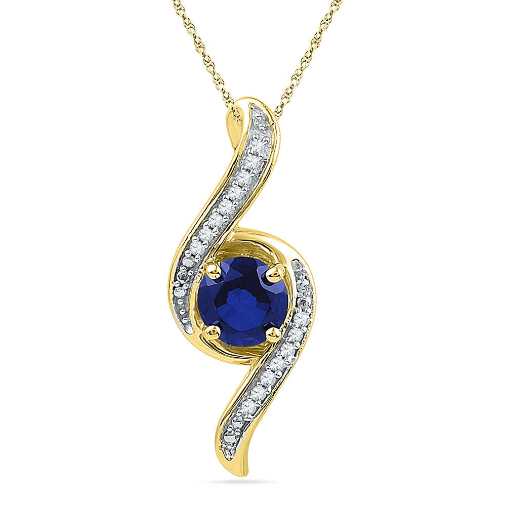 10kt Yellow Gold Womens Round Lab-Created Blue Sapphire Solitaire Diamond Pendant 1 Cttw