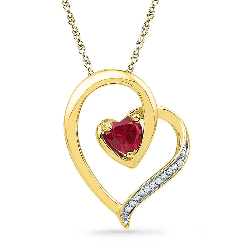 10kt Yellow Gold Womens Round Lab-Created Ruby Heart Pendant .03 Cttw