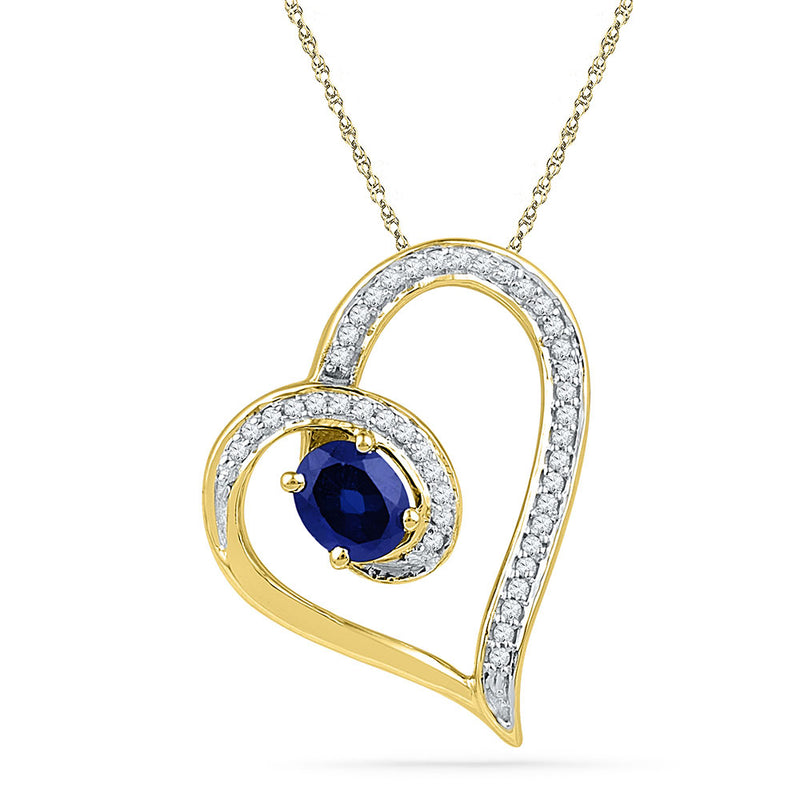 10kt Yellow Gold Womens Oval Lab-Created Blue Sapphire Heart Outline Pendant 3/4 Cttw