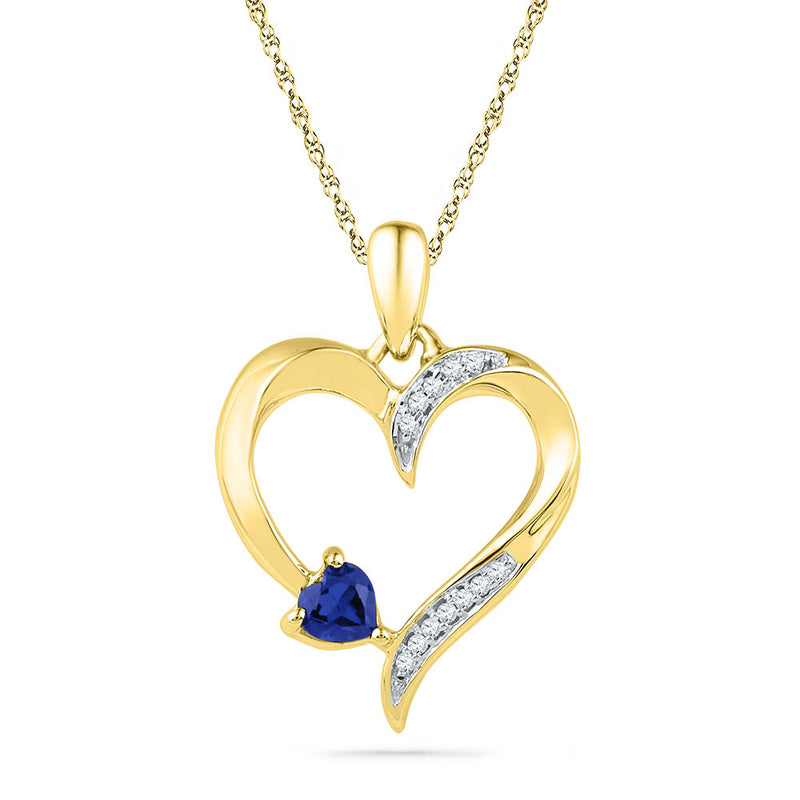 10kt Yellow Gold Womens Round Lab-Created Blue Sapphire Heart Pendant 1/20 Cttw