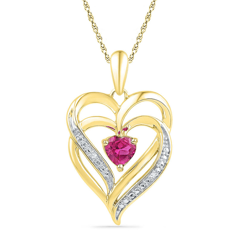 10kt Yellow Gold Womens Round Lab-Created Pink Sapphire Double Heart Pendant .01 Cttw