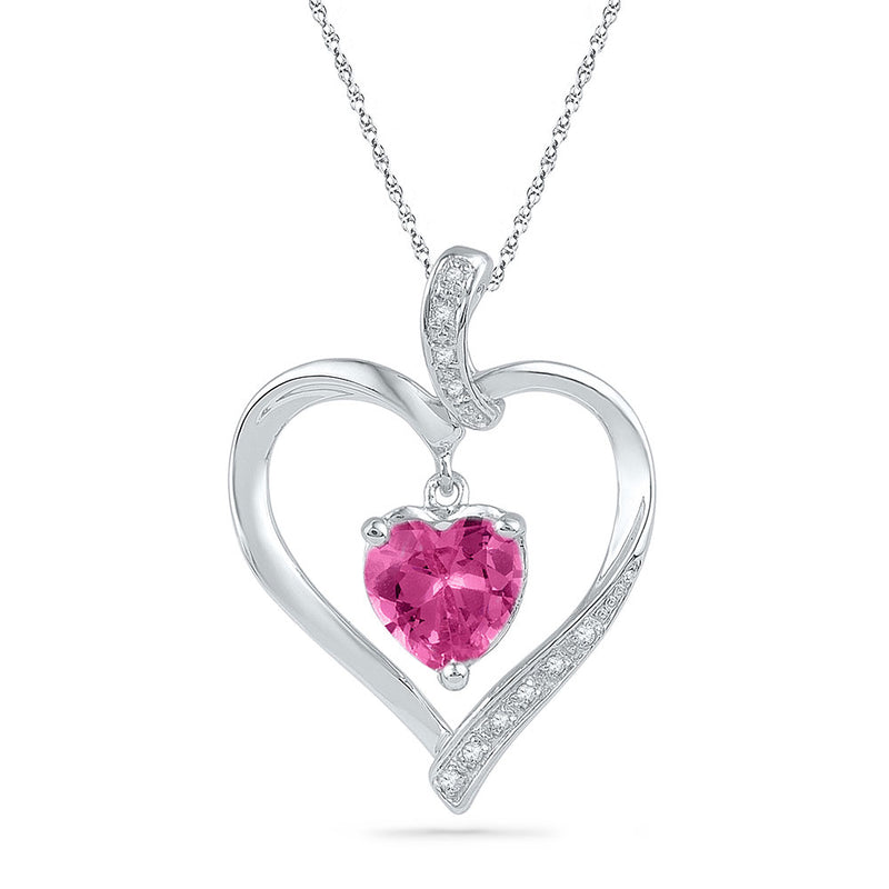 Sterling Silver Womens Lab-Created Pink Sapphire Heart Pendant 1-7/8 Cttw