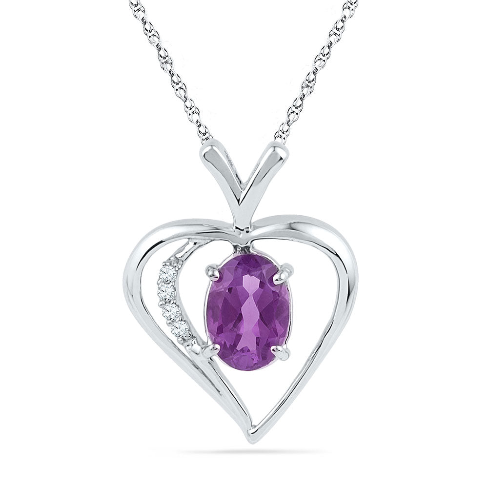 Sterling Silver Womens Round Lab-Created Amethyst Heart Pendant 3/4 Cttw