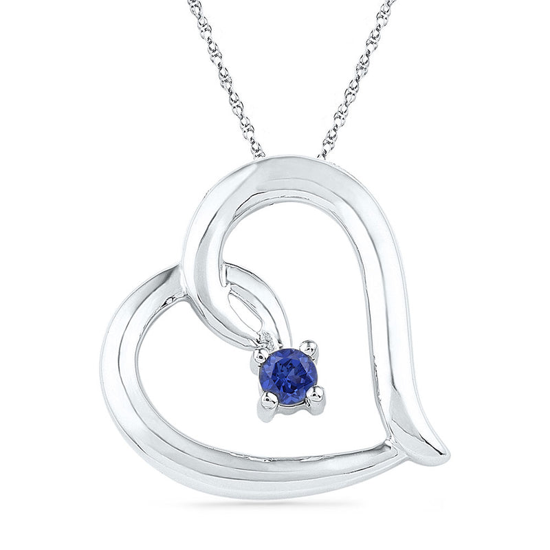 Sterling Silver Womens Round Lab-Created Blue Sapphire Heart Pendant 1/8 Cttw