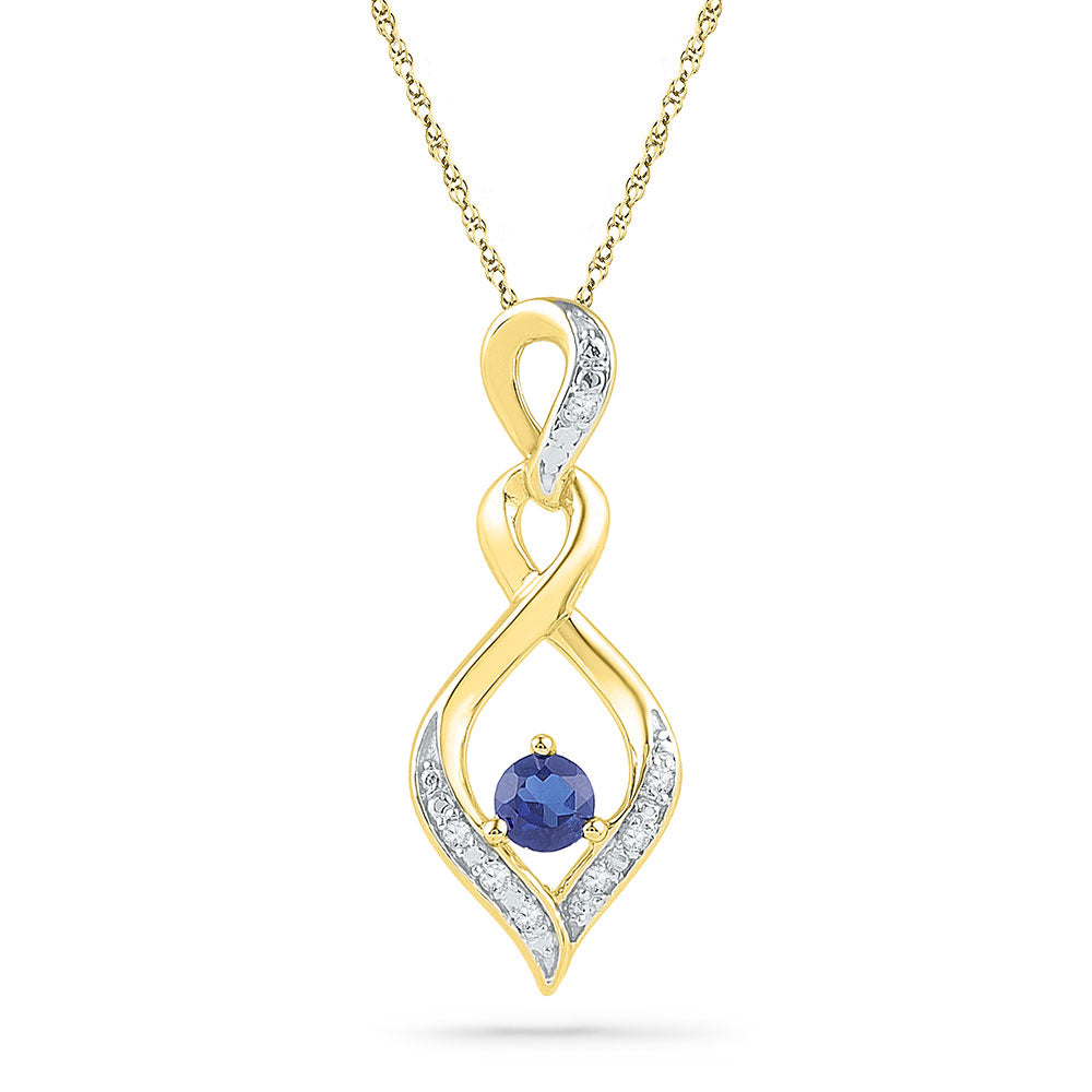 10kt Yellow Gold Womens Round Lab-Created Blue Sapphire Solitaire Diamond Pendant .02 Cttw