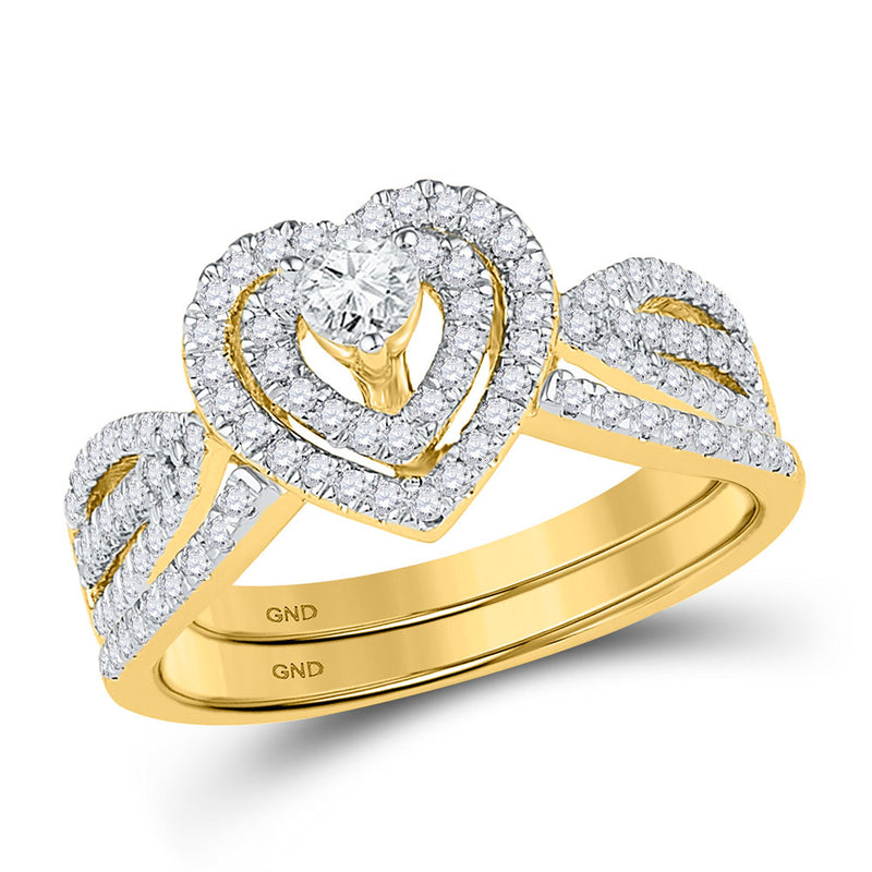 10kt Yellow Gold Diamond Heart Bridal Wedding Ring Band Set 5/8 Cttw