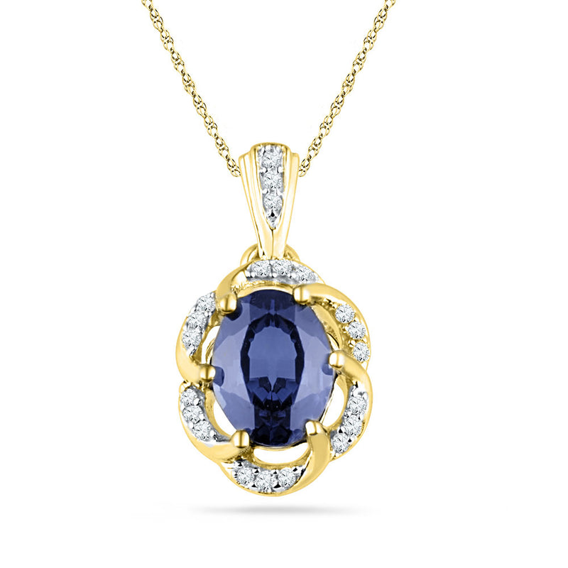 10kt Yellow Gold Womens Lab-Created Blue Sapphire Solitaire Diamond Pendant 1-3/4 Cttw