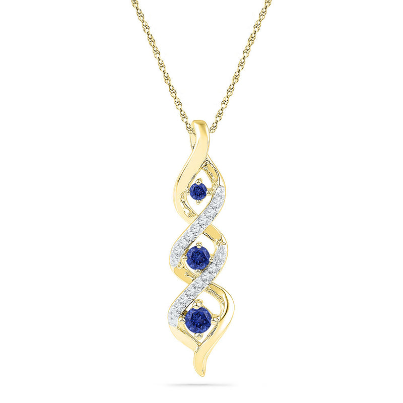 10kt Yellow Gold Womens Round Lab-Created Blue Sapphire Cascading 3-stone Pendant 1/3 Cttw