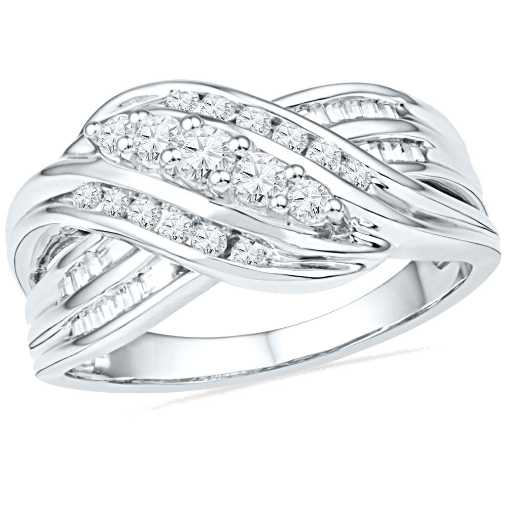 10kt White Gold Womens Round Diamond 5-Stone Crossover Band Ring 1/2 Cttw