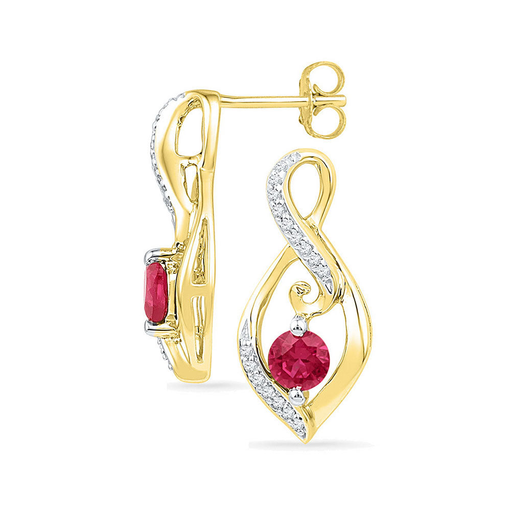 10kt Yellow Gold Womens Round Lab-Created Ruby Solitaire Oval Diamond Earrings 1 Cttw